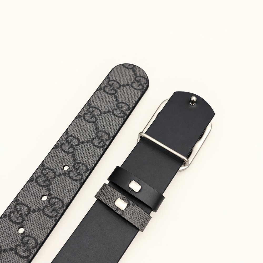 Ремень Gucci Double G из канвы GG 3,5 см — серый / чёрный — фото 2