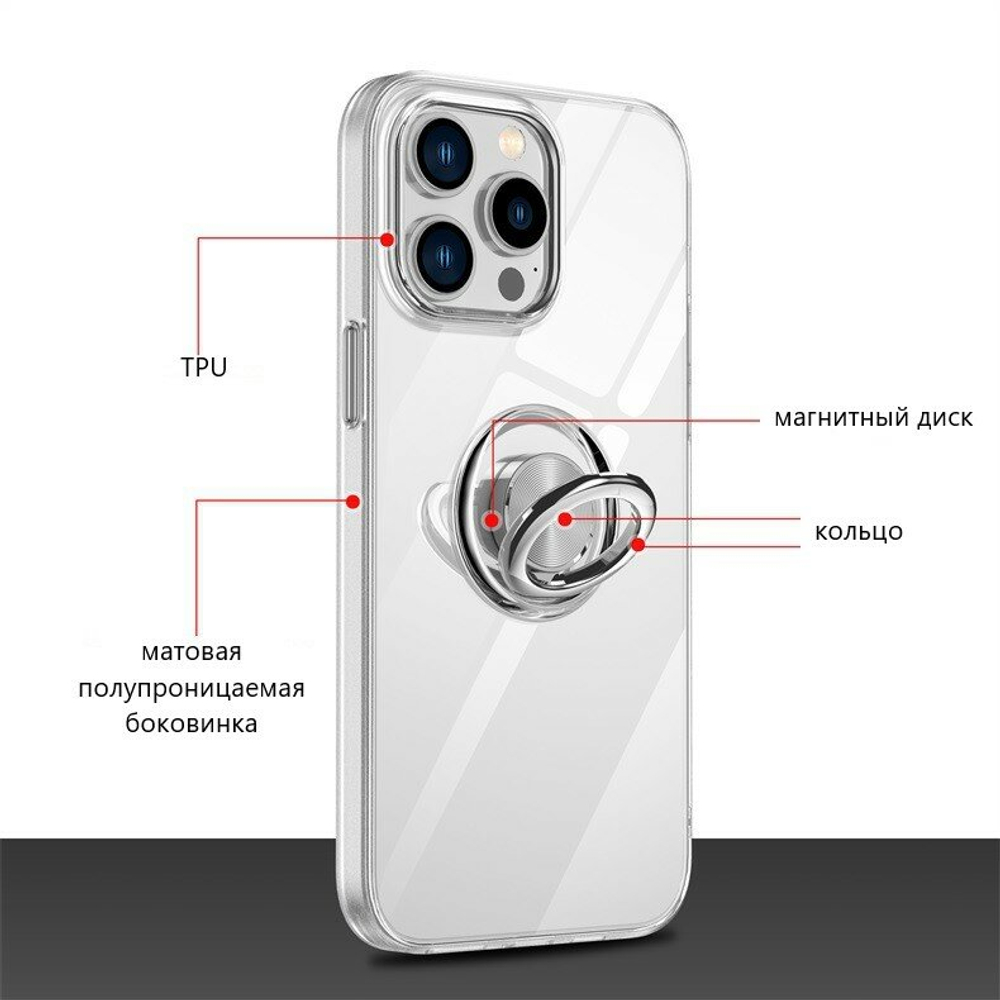 Чехол силиконовый с кольцом держателем для iPhone 15, прозрачный