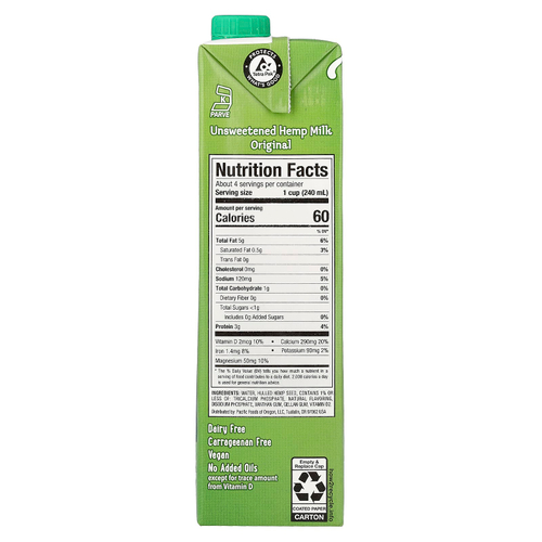 Pacific Foods, конопляное молоко, без подсластителей, 946 мл (32 жидк. унции)