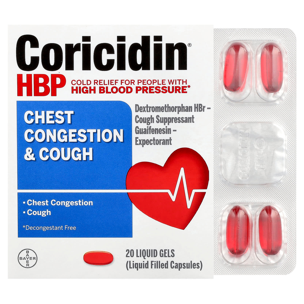 Coricidin HBP, Заложенность груди и кашель, 20 жидких гелей