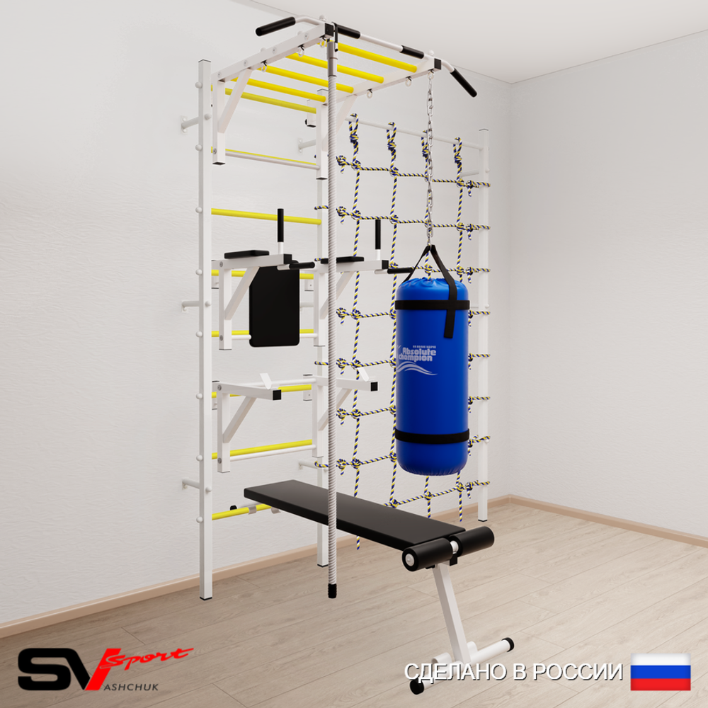 Шведская стенка Sv Sport усиленная 66010 (Турник рукоход/Брусья/Стойка/Скамья/Канат/Цепь/Мешок 15кг/Канатный лаз)