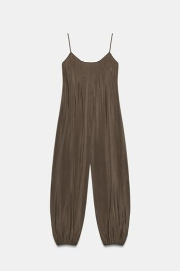 ZARA ДЛИННЫЙ КОМБИНЕЗОН НА БРЕТЕЛЯХ, ТЕМНО-КОРИЧНЕВЫЙ