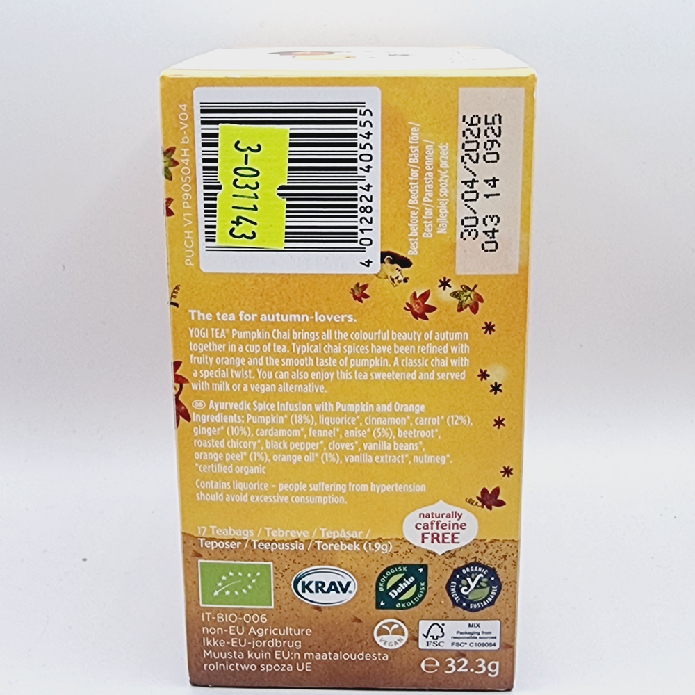 Чай Yogi Tea Pumpkin с тыквой, имбирем, травами и апельсином 1 уп.32,3 г (17 пакетиков по 1,9 г) (Германия)