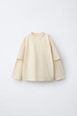 ZARA ФУТБОЛКА С ДВОЙНЫМИ РУКАВАМИ, ЭКРЮ