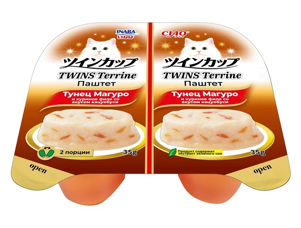 Inaba Ciao Twins Terrine Tунец магуро/Куриное филе со вкусом кацуобуси паштет ламистер для кошек 70 г (35 г*2 шт)