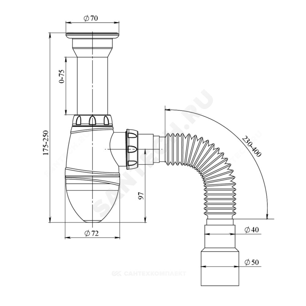 Сифон для умывальника бутылочный 1 1/2"x40 с гофрой 40х40/50 выпуск с пластиковой решёткой Unicorn А120Р