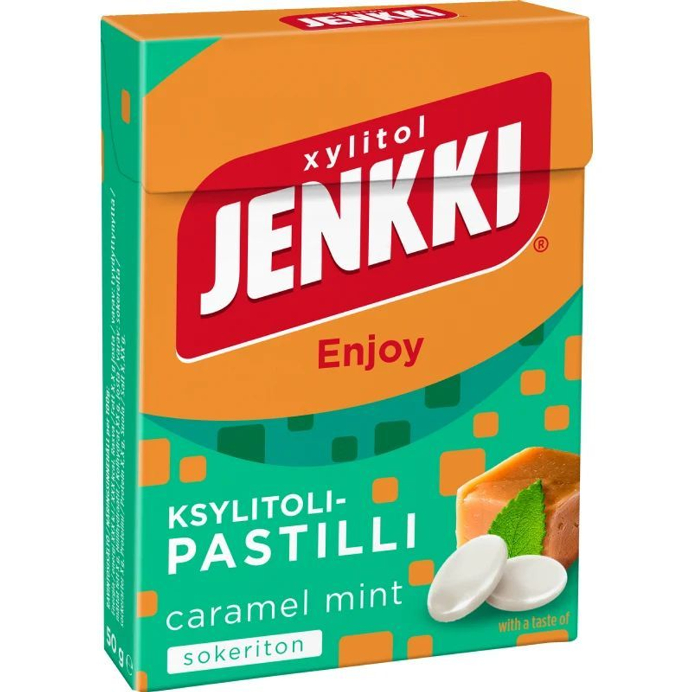 Пастилки с ксилитом Jenkki Enjoy "Caramel Mint" Карамельная мята 50 г (из Финляндии)