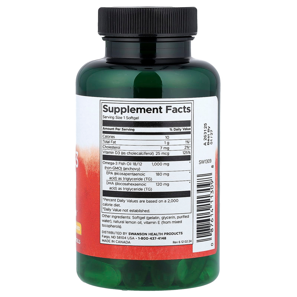 Swanson Vitamins, рыбий жир омега-3 с витамином D, лимон, 60 капсул