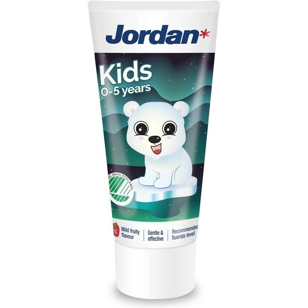 Jordan Детская зубная паста с фтором (1000 ppm), 0-5 лет, клубничный вкус, 50 мл (Швеция)