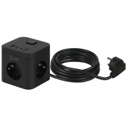 Удлинитель электрический ЭРА CUBE-3es-1,5m-4USB-B куб с заземлением с выключателем 3 розетки+4xUSBA+C 1,5м 16А черный | Электротовары