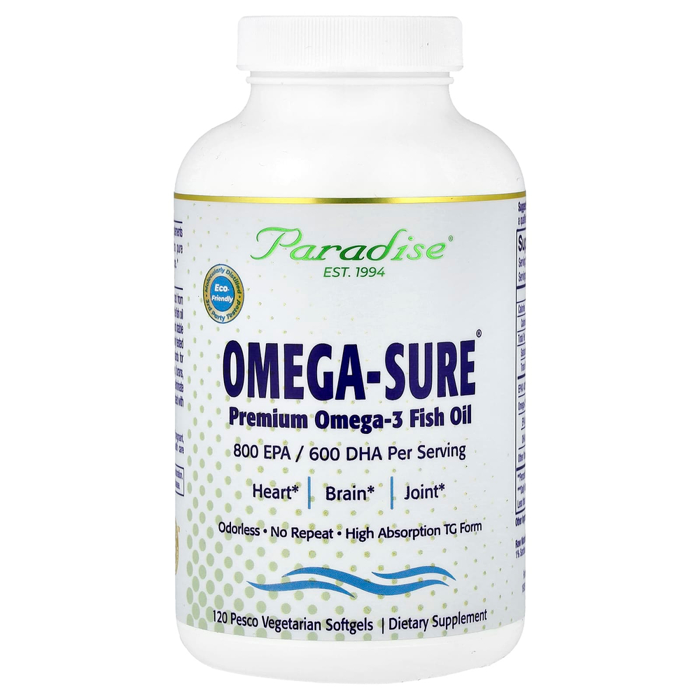 Paradise Herbs, Omega-Sure®, рыбий жир премиального качества с омега-3, 120 вегетарианских капсул Pesco