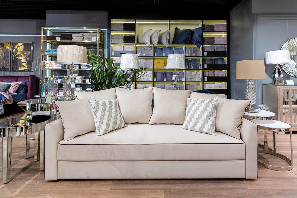 Диван велюровый треxместный Garda Decor Mores бежевый с кантом