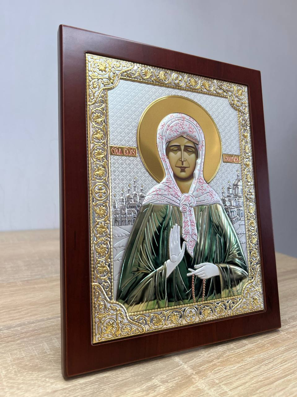 Матрона, икона прямоугольная с рамкой, красное дерево, эмаль 185х235