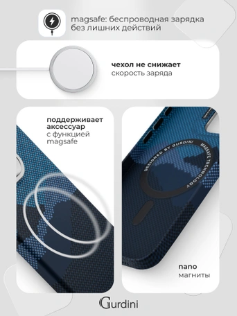 Чехол накладка iPhone 16 Pro 6.3" Gurdini Carbon Design (Magsafe & Lense holder) Mountain Blue