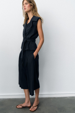 ZARA ЛЬНЯНОЙ ЖИЛЕТ С ПОЯСОМ, МОРСКОЙ СИНИЙ