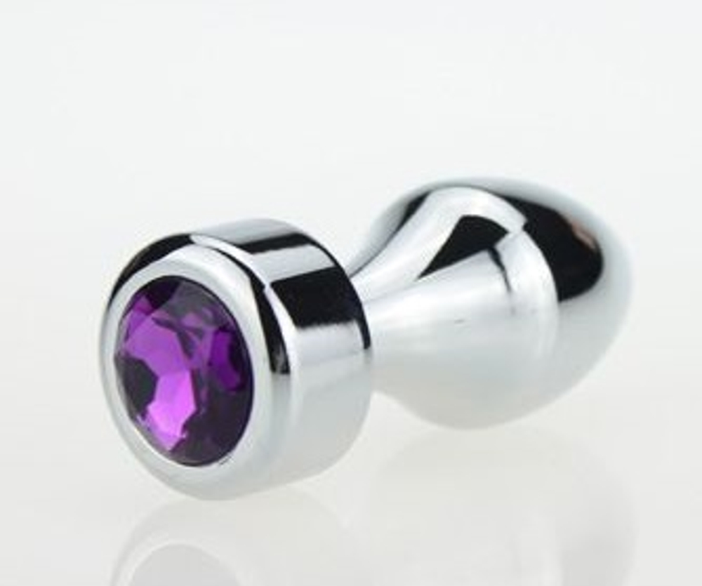 Анальная пробка металл серебро с фиолетовым стразом 7,8х2,9см 47444-5MM