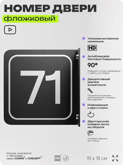 Табличка флажковая с номером 71 на дверь квартиры, для офиса, кабинета, аудитории, склада, черная двустороняя 19х19 см, Айдентика Технолоджи