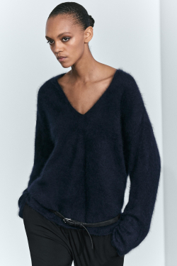 Massimo Dutti Трикотажный джемпер оверсайз с V-образным вырезом, темно-синий