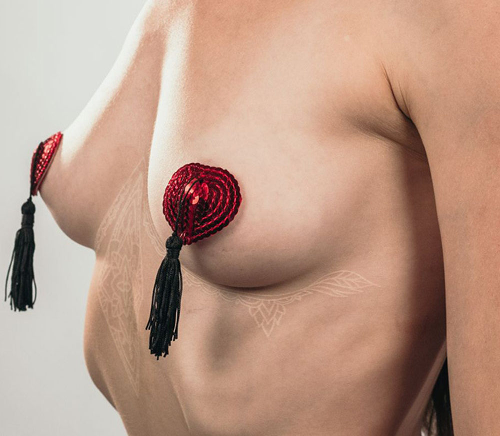 Красные пэстисы-сердечки с черными кисточками Lola Pasties Burlesque Gipsy Red 3634-04lola