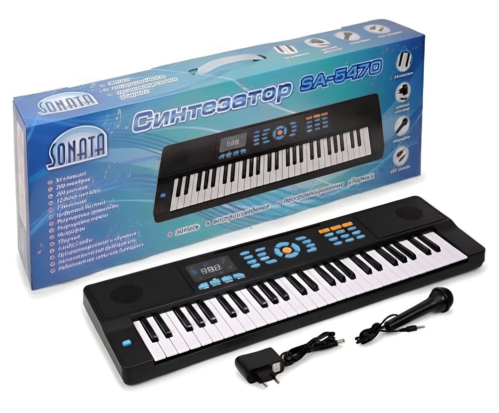 Синтезатор SONATA чёрный с микрофоном, 54 клавиши, 16 тембров, 100 ритмов, для начинающих, на батарейках