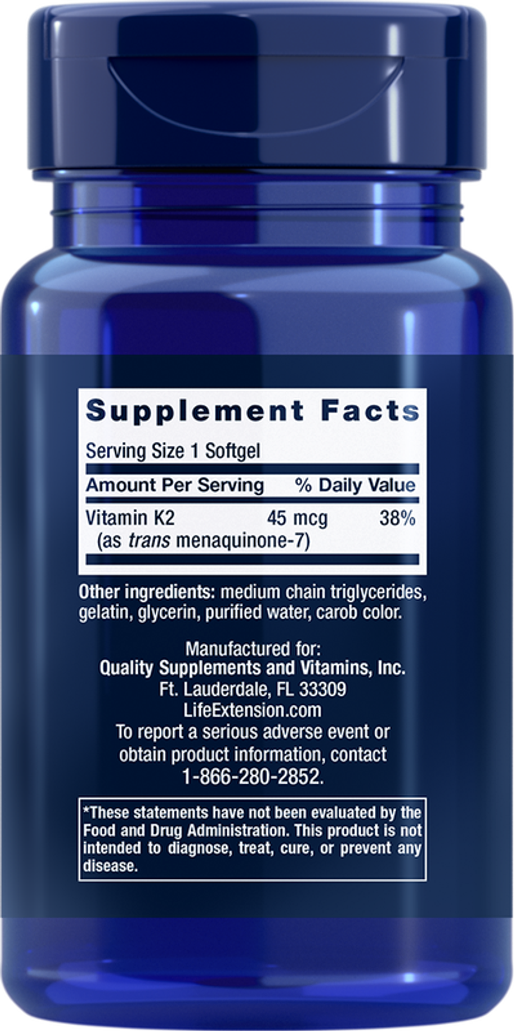 Low-Dose Vitamin K2 Menaquinone-7 (MK-7) 45 mcg 90 softgels Life Extension