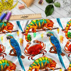 Ткань ниагара яркие попугаи, крабы и хамелеоны