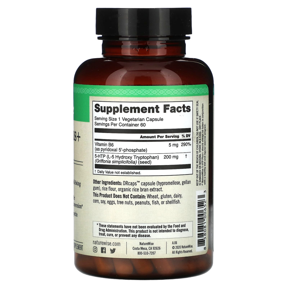 NatureWise, 5-HTP Plus+, 60 вегетарианских капсул