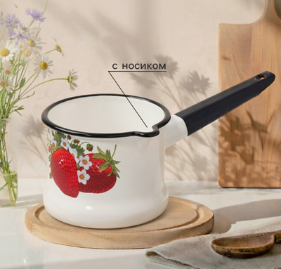 Ковш эмалированный 1л «Садовая клубника», без крышки, с деколью, белый