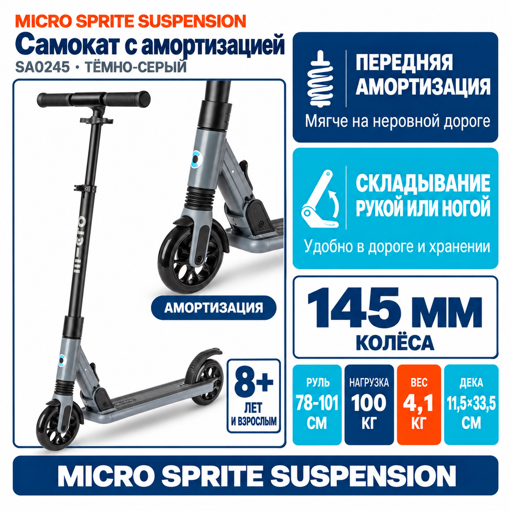 Самокат Micro Sprite Suspension серый