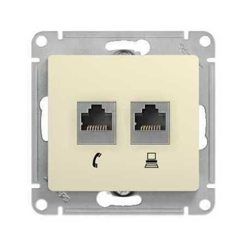Schneider Electric Glossa Бежевый Розетка 2-местная компьютерная RJ45+RJ45, категория 5E, механизм IP20 скрытая установка GSL000285KK