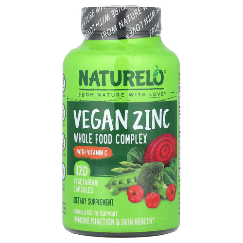 NATURELO, веганский цинк с витамином C, 120 вегетарианских капсул