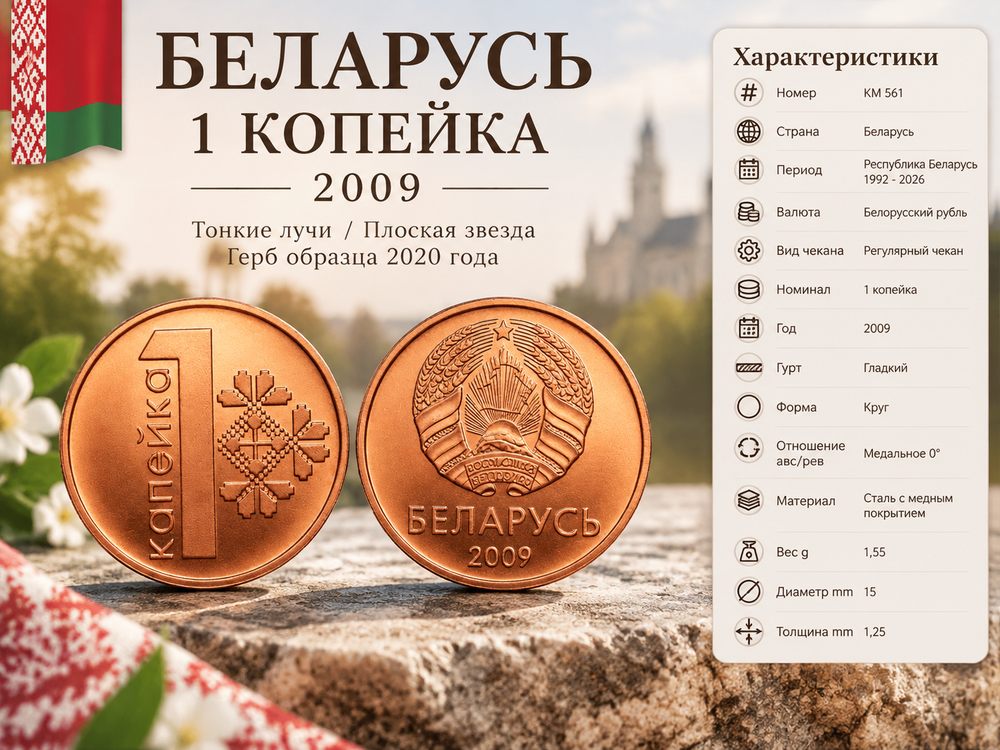 Беларусь 1 копейка, 2009 Тонкие лучи XF