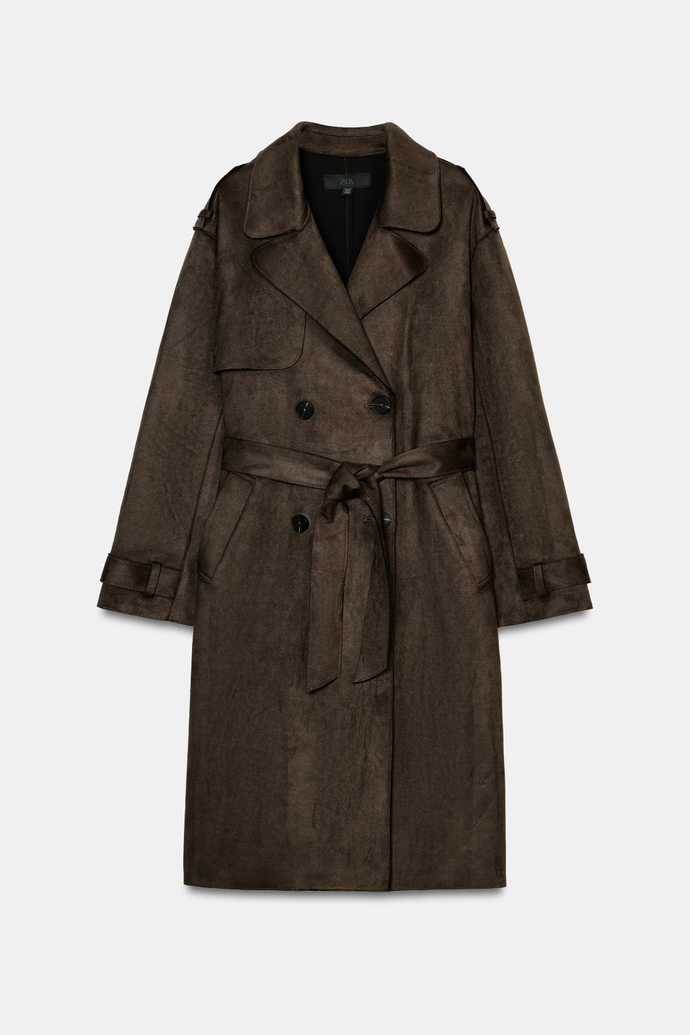 ZARA ДЛИННЫЙ ТРЕНЧ ИЗ ИСКУССТВЕННОЙ ЗАМШИ С ПОЯСОМ, СВЕТЛЫЙ ХАКИ