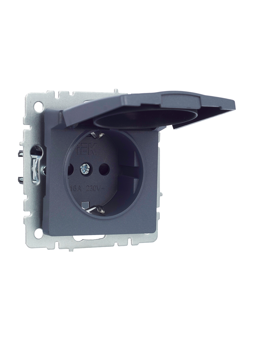 BRITE Розетка 1-местная с заземлением с защитными шторками и крышкой 16А IP20 РСбш10-3-БрМ маренго IEK