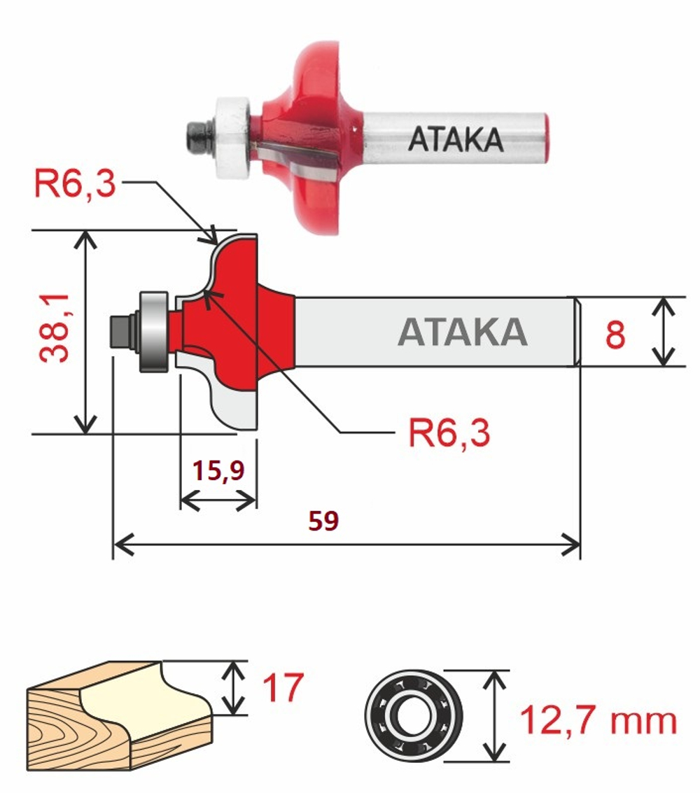 Фреза Атака 421381 кромочная калевочная D38.1/ф8/H15.9