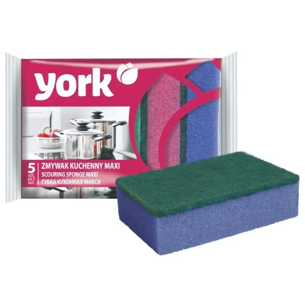 Губки для посуды Макси 5шт 10*4*2,9см поролон 18кг/м3, фибра 500г/м2 YORK