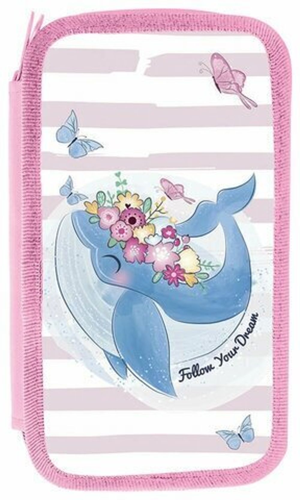 Пенал ПИФАГОР, 2 отделения, ламинированный картон, блестки, 19х11 см, "WHALE", 229156