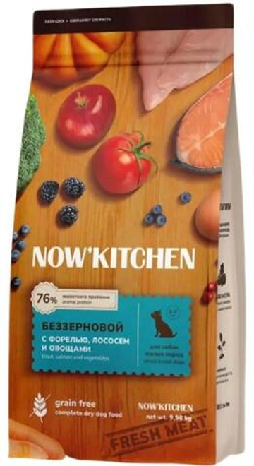NOW'KITCHEN беззерновой сухой корм для взрослых собак мелких пород со свежей форелью, лососем, 9,98 кг