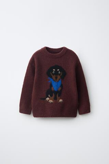 ZARA СВИТЕР С ВЫШИТОЙ СОБАКОЙ, ТЕМНО-БОРДОВЫЙ