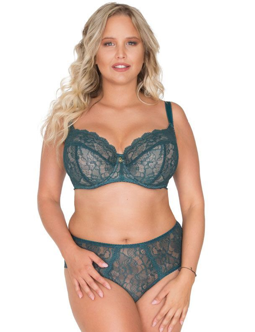 Кружевной бюстгальтер с мягкой чашкой plus size и боковыми поддержками (Размер: 95F) (Цвет: изумрудный)