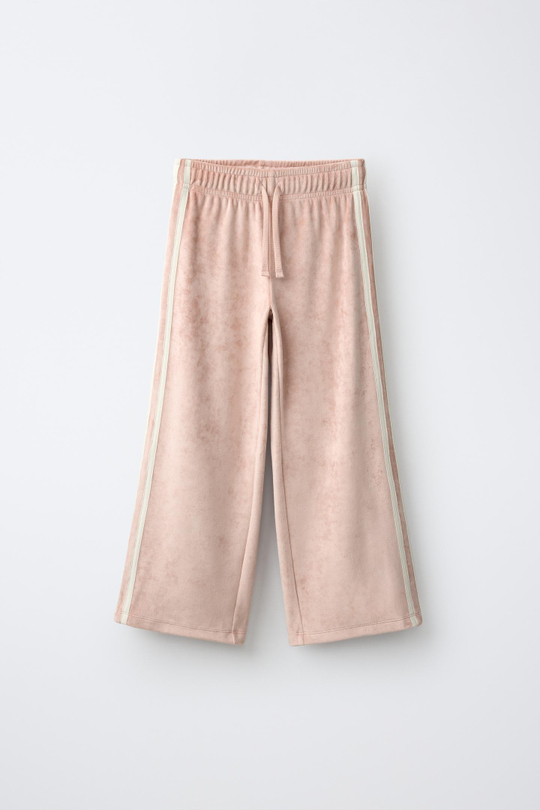 ZARA БРЮКИ WIDE LEG ИЗ ВЕЛЬВЕТА С КОНТРАСТНЫМИ ЛАМПАСАМИ, РОЗОВЫЙ