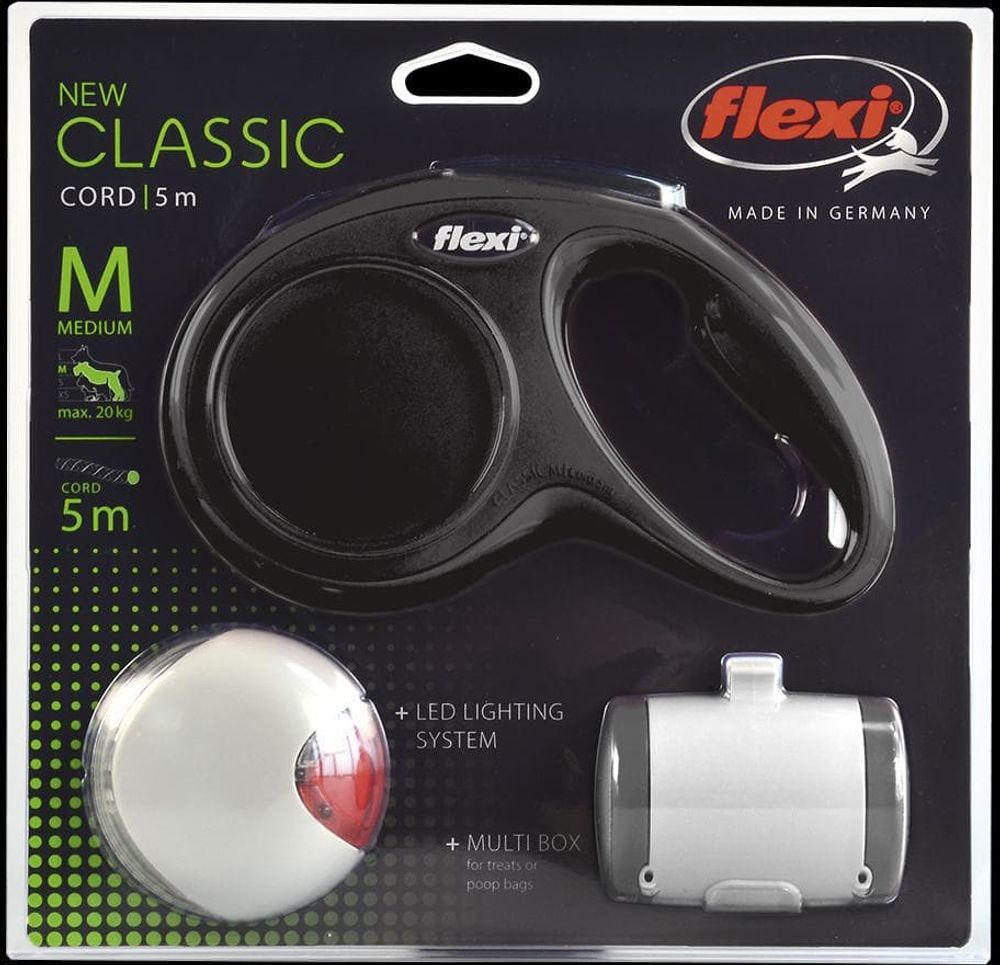 FLEXI набор (рулетка NEW Classic Basic М (до 20 кг) трос 5 м + LED фонарик + Multi-box) черный