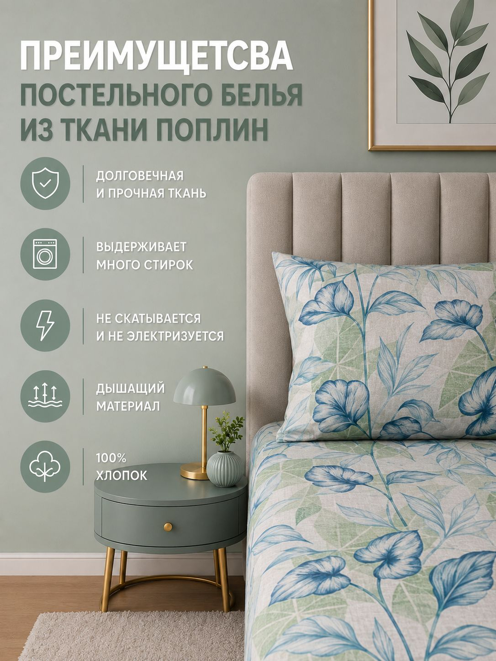 Простыня 180х215 2-спальная Поплин Хлопок Цветы на светло-сером фоне