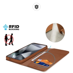 Чехол книжка из натуральной кожи коричневого цвета с защитой RFID от Dux Ducis для Samsung Galaxy S25 Ultra, серия Hivo Series Case