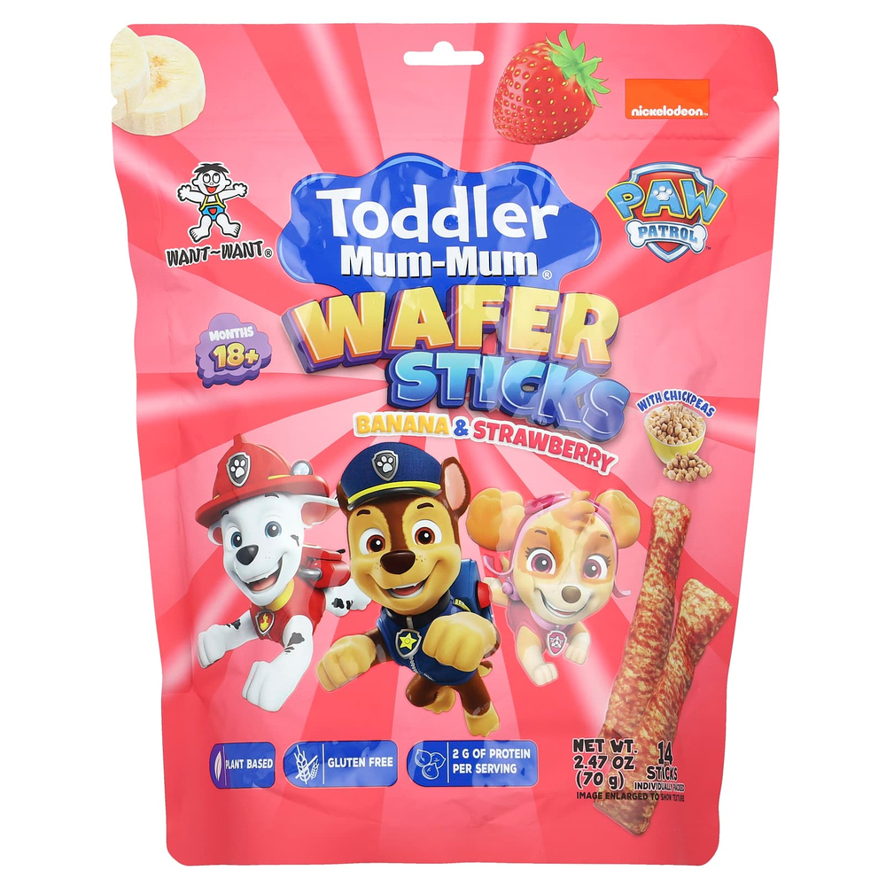 Hot Kid, Toddler Mum-Mum®, вафельные палочки, Paw Patrol ™, для детей от 18 месяцев, банан и клубника, 14 шт., 70 г (2,47 унции)