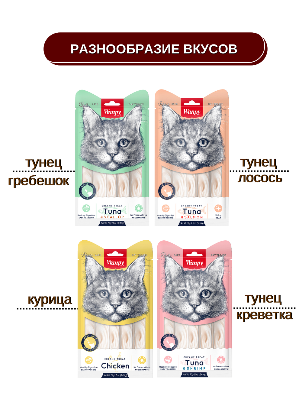 Wanpy Cat Лакомство для кошек «нежное пюре» из тунца и лосося 70 г (5шт х 14г)