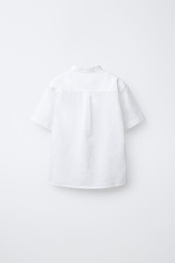 ZARA РУБАШКА С ВОРОТНИКОМ-СТОЙКОЙ ИЗ ХЛОПКА И ЛЬНА, БЕЛЫЙ