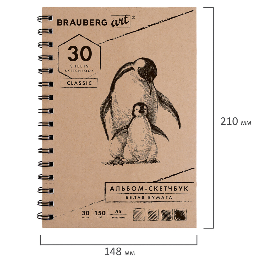Скетчбук, белая бумага 150 г/м2, 148х210 мм, 30 л., гребень, BRAUBERG ART CLASSIC, 128950