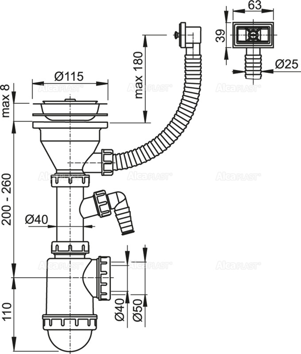 Сифон A447P -DN50/40 для мойки с нержавеющей решеткой