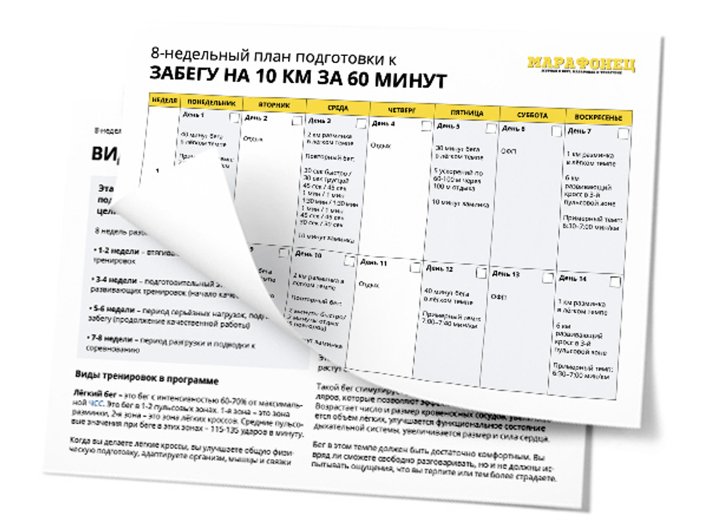 8-недельный план подготовки к забегу на 10 км. Цель - 60 минут